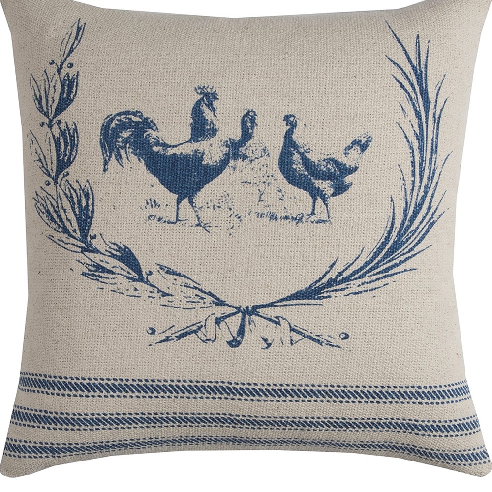 Four Burlap 20” x 20” Blue and Neutral Rizzy Home Pillow Covers chicken rooster